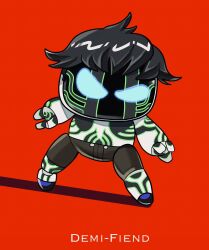  1boy angry astro_bot_(series) black_hair cosplay demi-fiend full-body_tattoo highres looking_at_viewer male_focus robot senoitiziku shin_megami_tensei shin_megami_tensei_iii:_nocturne short_hair shorts simple_background solo tattoo topless_male 