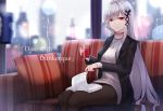  1girl alternate_costume azur_lane bangs black_jacket black_legwear book breasts butterfly_hair_ornament city_lights cityscape cross cross_necklace cup dunkerque_(azur_lane) eternity_(pixiv8012826) eyebrows_visible_through_hair grey_hair hair_ornament heart highres holding holding_cup indoors jacket jewelry large_breasts long_hair looking_at_viewer necklace open_clothes open_jacket pantyhose pink_eyes rain ribbed_shirt shirt sidelocks sitting solo turtleneck white_shirt window 