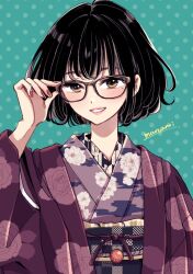  1girl adjusting_eyewear artist_name black_hair black_sash blush brown_eyes commentary_request cosplay floral_print floral_print_kimono glasses green_background hand_on_eyewear hand_up happy himawari-san japanese_clothes kimono lipstick long_sleeves looking_at_viewer makeup meigetsu_yuu meigetsu_yuu_(cosplay) mole mole_under_eye nail_polish obi original parted_lips pink_lips polka_dot polka_dot_background print_kimono purple_kimono red_nails sash short_hair signature smile solo sugano_manami upper_body 