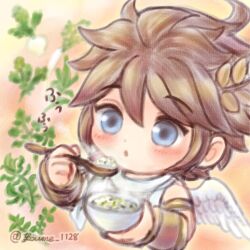  ahoge angel_wings blowing blue_eyes blush bowl brown_hair chibi chibi_only eating food holding holding_bowl holding_spoon kid_icarus kid_icarus_uprising laurel_crown looking_at_food male_focus pit_(kid_icarus) rice spoon suruga_kanade wings 