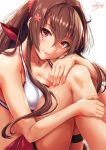  1girl artist_name bikini blush breasts brown_hair cleavage closed_mouth collarbone flower hair_between_eyes hair_flower hair_intakes hair_ornament hand_on_own_knee highres kantai_collection knees_up large_breasts lips long_hair looking_at_viewer nail_polish red_nails sakiyamama sarong sidelocks simple_background smile solo swimsuit thigh_strap very_long_hair violet_eyes white_background white_bikini yamato_(kantai_collection) 
