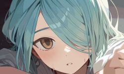  1boy blue_hair blush brown_eyes close-up crossed_arms ebi_(shrimp_eleven) hair_over_one_eye highres inazuma_eleven_(series) inazuma_eleven_go kazemaru_ichirouta light_particles looking_at_viewer male_focus one_eye_covered otoko_no_ko parted_lips shirt solo straight-on sweat sweatdrop upper_body white_shirt 