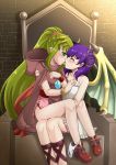  2girls blush bracelet chiki cloak closed_eyes commission dragon_wings dress fire_emblem fire_emblem:_mystery_of_the_emblem fire_emblem:_seima_no_kouseki fire_emblem_heroes french_kiss green_eyes green_hair highres hood hood_down jewelry kiss long_hair mamkute multi-tied_hair multiple_girls myrrh nintendo open_mouth panties panties_around_leg pointy_ears ponytail purple_hair sitting stone the-sinner tiara tongue tongue_out twintails underwear white_dress wings wristband yuri 