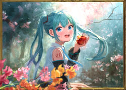  1girl apple aqua_eyes aqua_hair aqua_necktie black_skirt black_sleeves blue_trim border collared_shirt commentary_request detached_sleeves flower food from_side fruit hatsune_miku highres holding holding_food holding_fruit ibushi_roun light_blush long_hair long_sleeves looking_at_viewer necktie number_tattoo open_mouth ornate_border outdoors pink_flower pleated_skirt shirt shoulder_tattoo skirt solo tattoo tree twintails upper_body vocaloid white_shirt 