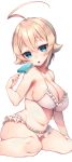  1girl absurdres ahoge blazblue blonde_hair blue_eyes blush braid breasts es_(xblaze) food highres himegi_you large_breasts looking_at_viewer navel open_mouth popsicle simple_background single_braid sitting solo sweat wariza white_background xblaze 