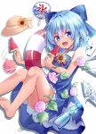  1girl :d bare_arms bare_legs barefoot blue_bow blue_dress blue_eyes blue_hair blush bottle bow cirno commentary_request dress eyebrows_visible_through_hair fan feet_out_of_frame flower food hair_bow hat hat_removed headwear_removed holding holding_food ice ice_wings innertube knees_up kooribata kure~pu looking_at_viewer morning_glory neck_ribbon open_mouth paper_fan popsicle ramune red_ribbon ribbon short_hair simple_background sleeveless sleeveless_dress smile soles solo straw_hat sun_hat sunflower tan tanned_cirno touhou uchiwa v-shaped_eyebrows water_drop water_yoyo watermelon_bar white_background wing_collar wings 