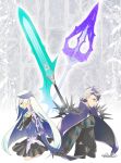  1boy 1girl back-to-back black_armor black_gloves black_shirt black_skirt blue_eyes brynhildr_(fate) brynhildr_romantia cape cowboy_shot fate/grand_order fate_(series) glasses gloves grey_background hand_holding lapis429 long_hair multicolored_hair neckerchief polearm profile purple_cape purple_gloves purple_hair sailor_collar shirt signature sigurd_(fate/grand_order) skirt smile spear spikes sword symmetry two-tone_hair violet_eyes weapon white_hair white_sailor_collar yellow_neckwear 