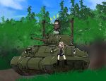  2girls caterpillar_tracks clouds day emblem girls_und_panzer grass ground_vehicle katyusha kay_(girls_und_panzer) kide_koushin long_hair m4_sherman military military_vehicle motor_vehicle multiple_girls one_eye_closed pravda_military_uniform saunders_(emblem) saunders_military_uniform sky smile smoke tank tree 