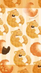  animal_focus bright_pupils brown_background brown_eyes claws closed_eyes closed_mouth croissant food full_body no_humans pokemon pokemon_(creature) sandshrew satsumapotato striped_background twitter_username white_pupils 