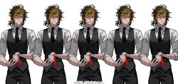  1boy absurdres black_necktie black_pants black_vest brown_hair closed_mouth collared_shirt commentary_request cowboy_shot cup green_eyes highres holding holding_cup isoi_reiji korean_commentary male_focus necktie open_mouth pants parted_lips saibou_shinkyoku shirt short_hair simple_background sleeves_rolled_up smile so-rann variations vest white_background white_shirt 