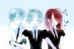  3others ahoge androgynous antarcticite aqua_eyes aqua_hair blush colored_eyelashes crossed_arms crystal_hair eyebrows_visible_through_hair eyes_visible_through_hair gem_uniform_(houseki_no_kuni) gloves hair_over_one_eye highres houseki_no_kuni long_bangs looking_at_viewer mercury multiple_others necktie open_mouth phosphophyllite red_eyes redhead shinsha_(houseki_no_kuni) short_hair smile thick_eyebrows upper_body v white_eyes white_hair white_skin 