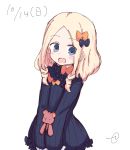  1girl :d abigail_williams_(fate/grand_order) alternate_hair_length alternate_hairstyle bangs black_bow black_dress blonde_hair blue_eyes blush bow bug butterfly commentary_request dated dress eyebrows_visible_through_hair fate/grand_order fate_(series) forehead hair_bow highres insect kujou_karasuma long_hair long_sleeves looking_at_viewer no_hat no_headwear object_hug open_mouth orange_bow parted_bangs polka_dot polka_dot_bow signature simple_background sleeves_past_fingers sleeves_past_wrists smile solo stuffed_animal stuffed_toy teddy_bear v_arms white_background 