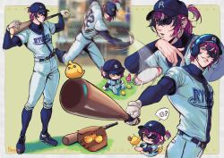  1boy :3 anger_vein artist_name ball baseball baseball_(object) baseball_bat baseball_cap baseball_helmet baseball_jersey baseball_mitt baseball_uniform belt belt_buckle bird black_belt black_hair black_nails blue_footwear blue_hat blue_helmet blue_socks border buckle chibi chick cleats closed_mouth clothes_writing commentary covered_collarbone crossed_bangs doppio_dropscythe earrings english_commentary eyepatch fingernails foam_finger gloves grass green_background grin hair_between_eyes hat helmet highres holding holding_baseball_bat jersey jewelry jikkyou_powerful_pro_yakyuu layered_sleeves long_sleeves looking_at_viewer male_focus medium_hair motion_blur motion_lines mouth_hold multicolored_hair multiple_views nail_polish nijisanji nijisanji_en on_grass one_eye_covered outside_border pants pitching purple_hair scythekick_(doppio_dropscythe) seulin shirt shoes short_over_long_sleeves short_sleeves signature simple_background sitting smile socks speech_bubble speed_lines spoken_object sportswear stalk_in_mouth standing streaked_hair sweat teeth throwing upper_body v-shaped_eyebrows virtual_youtuber white_border white_gloves white_hair white_pants white_shirt yellow_eyes 