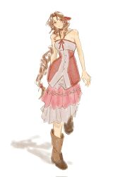  1girl aerith_gainsborough bare_arms bare_shoulders blush boots braid braided_ponytail breasts brown_footwear brown_hair final_fantasy final_fantasy_vii full_body green_eyes hair_ribbon halter_shirt halterneck highres kingdom_hearts kingdom_hearts_ii long_hair medium_breasts mmariesr official_alternate_costume parted_bangs pink_skirt red_ribbon red_shirt ribbon shirt sidelocks single_braid skirt smile solo two-tone_shirt white_background white_shirt 