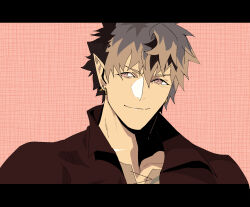  1boy black_hair brown_shirt collarbone collared_shirt crimzon_ruze earrings grey_hair hair_between_eyes highres holostars holostars_english jewelry letterboxed male_focus multicolored_hair pink_eyes pointy_ears portrait screetuber shirt smile solo two-tone_hair virtual_youtuber 