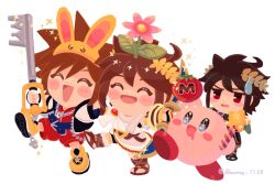  4boys ahoge belt black_hair blue_eyes brown_hair chibi chibi_only crossover dark_pit flower keyblade kid_icarus kid_icarus_uprising kingdom_hearts kirby kirby_(series) laurel_crown male_focus maxim_tomato multiple_boys open_mouth pit_(kid_icarus) siblings sora_(kingdom_hearts) spiky_hair super_smash_bros. suruga_kanade sweatdrop twins 