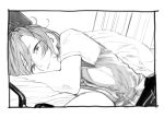  1girl commentary_request curtains dagashi_kashi eyewear_removed foreshortening glasses hair_between_eyes holding holding_eyewear kotoyama looking_at_viewer lying monochrome on_bed on_side open_mouth outstretched_arm owari_hajime short_sleeves sketch solo 