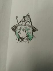  1other absurdres amanomori_shou androgynous antennae chinese_commentary commentary_request cropped_shoulders dot_nose green_eyes green_hair greyscale hat highres len&#039;en light_blush long_hair looking_at_viewer monochrome open_mouth other_focus photoshop_(medium) shirt solo spot_color traditional_media turtleneck turtleneck_shirt zhaozhaozhaozhaozhao083 