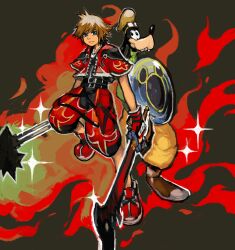  2boys absurdres belt black_belt blue_eyes bright_pupils brown_footwear brown_hair brown_hat commentary cropped_jacket dual_wielding english_commentary fire full_body gloves goggles goggles_on_head goofy green_sweater grey_background hat highres holding holding_shield holding_weapon jacket kingdom_hearts kingdom_hearts_ii male_focus multiple_belts multiple_boys official_alternate_costume open_clothes open_jacket pants puffy_pants red_footwear red_gloves red_jacket red_pants shield short_hair short_sleeves smile snoozaga sora_(kingdom_hearts) sparkle sweater turtleneck turtleneck_sweater weapon yellow_pants 