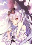  1girl :d animal_ears azur_lane bow cat_ears commentary_request detached_sleeves fang hair_bow hair_ribbon long_hair looking_at_viewer open_mouth orange_eyes parasol ribbon silver_hair smile solo swing tamanaga_haru umbrella yukikaze_(azur_lane) 