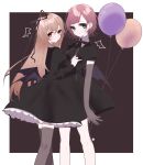  2girls balloon bangs bat_wings black_dress black_wings blush breasts brown_background brown_eyes brown_gloves brown_legwear brown_ribbon character_request closed_mouth collared_dress drawn_wings dress elbow_gloves eyebrows_visible_through_hair gloves green_eyes hair_between_eyes hair_ribbon hand_up highres light_brown_hair long_hair long_sleeves looking_at_viewer looking_to_the_side low_wings misumi_(macaroni) multiple_girls nijisanji puffy_short_sleeves puffy_sleeves redhead ribbon short_hair short_sleeves small_breasts smile thigh-highs two-tone_background very_long_hair white_background wings yuuhi_riri 