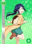  blue_hair blush character_name dress long_hair love_live!_school_idol_festival love_live!_sunshine!! matsuura_kanan ponytail smile violet_eyes 