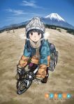  1girl bicycle blue_hair blush commentary copyright_name fingerless_gloves fisheye gloves ground_vehicle hat highres jacket looking_at_viewer maroon_eyes mount_fuji outdoors scarf shima_rin sky solo tent tree_bowbow visible_air winter_clothes yurucamp 