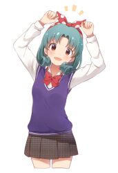  1girl arms_up black_skirt blue_sweater_vest blush bow bow_hairband bowtie breasts brown_eyes buchi_(y0u0ri_) cowboy_shot curly_hair dot_nose green_hair hairband idolmaster idolmaster_million_live! idolmaster_million_live!_theater_days long_sleeves looking_at_viewer medium_breasts medium_hair open_mouth parted_bangs pleated_skirt polka_dot_hairband red_bow red_bowtie red_hairband school_uniform shirt simple_background skirt smile solo standing sweater_vest tokugawa_matsuri white_background white_shirt 