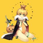  1girl :t ahoge ankle_bow ankle_ribbon artoria_pendragon_(all) barefoot black_cape black_hat blonde_hair blush bow braid candy cape character_request child closed_mouth commentary_request competition_swimsuit covered_navel crossed_bandaids crown fate/grand_order fate_(series) food full_body fur-trimmed_cape fur_trim green_bow green_eyes hands_up hat hat_bow looking_at_viewer nabenko one-piece_swimsuit orange_swimsuit planted_sword planted_weapon pout pumpkin ribbon saber short_hair simple_background sitting solo star swimsuit sword thigh_strap twitter_username wariza weapon witch_hat yellow_background younger 