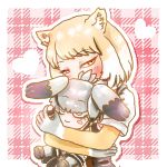 1girl animal_ears bangs blonde_hair blush commentary_request covered_mouth eyebrows_visible_through_hair fox_ears half-closed_eyes heart holding holding_stuffed_toy hug kemono_friends long_sleeves looking_at_viewer multicolored_hair shirt shoebill_(kemono_friends) short_hair short_over_long_sleeves short_sleeves solo stealstitaniums stuffed_toy swept_bangs tibetan_sand_fox_(kemono_friends) tsurime two-tone_hair upper_body white_hair 