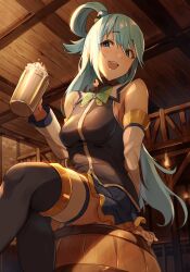  1girl :d aqua_(konosuba) bare_shoulders beer_mug black_shirt black_thighhighs blue_eyes blue_hair blue_skirt bow bowtie breasts cup detached_sleeves gem green_bow green_bowtie highres holding indoors kono_subarashii_sekai_ni_shukufuku_wo! large_breasts long_hair miniskirt mug nasubin_(nasubisamurai15) shirt sitting skirt smile solo stone_wall teeth thigh-highs upper_teeth_only wooden_ceiling 