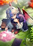 1girl alchemy bird_wings blue_hair boots briefcase commentary_request creature dress eho_(icbm) fire flower frilled_dress frills ghast grass head_wings highres horns light_smile long_sleeves minecraft orange_eyes short_hair single_head_wing slime squatting tokiko_(touhou) touhou vial white_hair wide_sleeves wings 