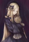  1girl abigail_williams_(fate/grand_order) bangs black_bow black_dress black_hat blonde_hair blue_eyes bow bug butterfly closed_mouth commentary_request dress eyebrows_visible_through_hair fate/grand_order fate_(series) forehead hair_bow hat highres insect long_hair long_sleeves looking_at_viewer marumoru object_hug orange_bow parted_bangs polka_dot polka_dot_bow sleeves_past_fingers sleeves_past_wrists solo stuffed_animal stuffed_toy teddy_bear upper_body very_long_hair 