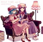  2girls ankle_boots ankle_socks arms_up bangs bat_wings blouse blue_hair book book_stack boots brooch commentary_request couch cravat cup double_bun dress english eyebrows_visible_through_hair floor_lamp hat hat_ribbon holding holding_book holding_cup holding_saucer jewelry kashiwagi_chisame long_hair looking_at_another looking_at_viewer mob_cap multiple_girls neck_ribbon open_book open_mouth patchouli_knowledge pink_blouse pink_skirt puffy_short_sleeves puffy_sleeves purple_dress purple_hair red_eyes red_footwear red_ribbon remilia_scarlet ribbon robe saucer short_hair short_sleeves sitting skirt skirt_set striped striped_dress teacup touhou very_long_hair violet_eyes white_footwear white_legwear wings 