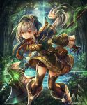  1girl black_gloves black_legwear breasts brown_feathers brown_shorts dress floating_hair forest garter_straps gloves green_dress highres holding holding_weapon leaning_forward long_hair madogawa medium_breasts nature outdoors pointy_ears poleaxe shadowverse short_dress shorts shorts_under_dress silver_hair solo standing thigh-highs tree very_long_hair weapon yellow_eyes 