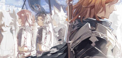  3boys armor banner black_hair brown_hair cape erune granblue_fantasy head_out_of_frame highres lancelot_(granblue_fantasy) long_hair luminous_slime multiple_boys percival_(granblue_fantasy) redhead shoulder_guard siegfried_(granblue_fantasy) sword sword_on_back weapon weapon_on_back 