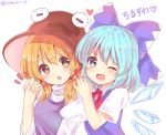 2girls aqua_hair blonde_hair blue_bow blue_eyes bow cirno commentary_request eyebrows_visible_through_hair hair_bow hat heart ice ice_wings moriya_suwako multiple_girls one_eye_closed open_mouth ramudia_(lamyun) red_neckwear simple_background smile touhou translated twitter_username upper_body white_background wings yellow_eyes 