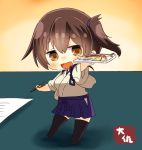  1girl artist_name black_legwear blue_hakama brown_eyes brown_hair chibi chopsticks commentary full_body hakama hakama_skirt japanese_clothes kaga_(kantai_collection) kantai_collection long_hair side_ponytail solo taisa_(kari) tasuki teal_background thigh-highs two-tone_background yellow_background 