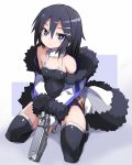  1girl asagiri_asagi bangs bare_shoulders black_camisole black_hair black_legwear black_shorts breasts camisole closed_mouth commentary_request covered_nipples eyebrows_visible_through_hair fingerless_gloves fur-trimmed_jacket fur-trimmed_sleeves fur_collar fur_trim gloves gun hair_between_eyes hair_ornament hairclip handgun highres holding holding_gun holding_weapon jacket karukan_(monjya) kneeling long_hair long_sleeves looking_at_viewer makai_wars off_shoulder open_clothes open_jacket short_shorts shorts sidelocks small_breasts solo thigh-highs two-handed violet_eyes weapon weapon_request white_gloves white_jacket x_hair_ornament 