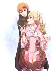  1boy 1girl blonde_hair bow candy couple drill_hair fire_emblem fire_emblem_awakening food gaius_(fire_emblem) gloves gogatsu_(yeaholiday) green_eyes headband hetero jewelry lollipop long_hair looking_at_viewer maribelle_(fire_emblem) open_mouth orange_hair pink_gloves red_eyes white_bow 