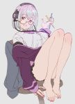  1girl bare_legs barefoot chair commentary_request cracked_lens fingernails grin headphones highres jacket knees_up knife lavender_hair legs_together looking_at_viewer makai_no_juumin purple_jacket shinjou_akane shirt short_hair smile solo ssss.gridman toenails violet_eyes white_shirt 