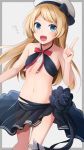  1girl absurdres alternate_costume arm_up bangs bikini black_bikini blonde_hair blue_eyes blush bow bowtie breasts commentary_request cropped_legs eyebrows_visible_through_hair flower hair_between_eyes hat heart highres jervis_(kantai_collection) kantai_collection long_hair looking_at_viewer navel open_mouth red_bow red_neckwear red_ribbon ribbon sailor_hat sarong simple_background small_breasts smile solo standing swimsuit thighs yunamaro 