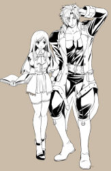  1boy 1girl ascot book boots breasts brown_background capelet castlevania:_portrait_of_ruin castlevania_(series) charlotte_aulin coat collarbone hand_on_own_hip high_heels holding holding_book jonathan_morris kunai long_hair looking_to_the_side monochrome muscular pectorals pleated_skirt rich_kmp scratching_head short_hair signature simple_background skirt strap trench_coat weapon zettai_ryouiki 