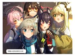  5girls absurdres ahoge animal_ear_fluff animal_ears artist_name ayane_(blue_archive) black_hair blonde_hair blue_archive blue_eyes blue_jacket blue_necktie blurry cat_ears chinese_text closed_mouth collared_shirt criss-cross_halter depth_of_field glasses gloves green_eyes grey_hair hair_ornament halo halterneck hand_on_another&#039;s_shoulder hand_up head_rest highres hoshino_(blue_archive) hukurou96 jacket lanyard long_hair long_sleeves looking_at_another looking_at_viewer mismatched_sclera multiple_girls necktie nonomi_(blue_archive) off_shoulder one_eye_closed open_mouth orange_eyes pink_hair pointy_ears reaching reaching_towards_viewer red_eyes scarf selfie serika_(blue_archive) shiroko_(blue_archive) shirt short_hair smile split_mouth sweatdrop translation_request v w white_shirt yellow_eyes 