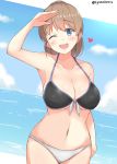  1girl alternate_costume arm_up armpits bangs bikini black_bikini blue_eyes blue_sky blush breasts brown_hair chaa_(korone-ze) cleavage clouds collarbone commentary_request cowboy_shot day eyebrows_visible_through_hair front-tie_top groin hair_between_eyes heart highres horizon intrepid_(kantai_collection) kantai_collection large_breasts looking_at_viewer navel ocean open_mouth outdoors ponytail short_hair sky smile solo standing swimsuit water white_bikini 