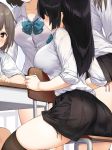  4girls aqua_bow aqua_neckwear ass black_hair black_legwear black_ribbon black_skirt blush bow bowtie breast_rest breasts brown_eyes brown_hair chair commentary_request desk eyebrows_visible_through_hair kaisen_chuui large_breasts long_hair long_sleeves miniskirt multiple_girls open_mouth original out_of_frame panties pink_ribbon plaid plaid_bow plaid_neckwear pleated_skirt profile ribbon school_chair school_desk school_uniform shirt short_hair side-tie_panties sitting sitting_backwards skindentation skirt sleeves_folded_up solo_focus straight_hair thigh-highs thighs underwear violet_eyes white_shirt 