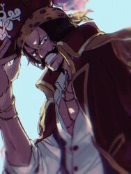  1boy abunaideka bandana beard_stubble black_hair blurry_border bracelet chromatic_aberration coat collared_coat commentary_request facial_hair gol_d._roger hair_between_eyes hat highres jewelry jolly_roger looking_at_viewer male_focus mustache one_piece pirate_hat red_coat shirt sky smile solo stubble white_shirt 