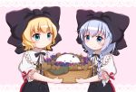  2girls angora_rabbit animal bangs basket black_bow black_skirt black_vest blonde_hair blue_eyes blue_hair blush bow braid chibi closed_mouth commentary_request eyebrows_visible_through_hair food fruit gochuumon_wa_usagi_desu_ka? goth_risuto grapes green_eyes hair_between_eyes hair_bow holding holding_basket kafuu_chino kirima_sharo lace_border lace_trim long_hair low_twintails multiple_girls pink_background puffy_short_sleeves puffy_sleeves rabbit shirt short_sleeves skirt smile tippy_(gochiusa) twin_braids twintails very_long_hair vest white_shirt 