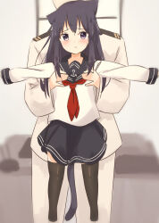  1girl absurdres admiral_(kancolle) akatsuki_(kancolle) anchor_symbol animal_ear_fluff animal_ears black_pantyhose black_sailor_collar blush cafee_peko cat_ears cat_girl cat_tail highres kantai_collection lifting_person long_hair long_sleeves looking_at_viewer military military_uniform naval_uniform neckerchief pantyhose pleated_skirt pout purple_hair red_neckerchief sailor_collar school_uniform serafuku skirt tail uniform violet_eyes 