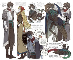 1girl 2boys animal animal_feet animalization bird bird_legs bird_wings blonde_hair boots brown_hair brown_wings chinese_clothes coat commentary_request feathered_wings full_body g0ng_g0ng getian_(reverse:1999) hanfu harpy_boy head_scarf highres korean_commentary korean_text long_hair long_skirt looking_at_another monster_boy multiple_boys name_day_(reverse:1999) raccoon reverse:1999 simple_background skirt squatting translation_request vila_(reverse:1999) white_background wings 